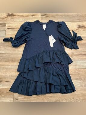 Cinq a Sept Shara Mini Ruffle Dress SZ Small Navy Blue Cotton Puff Sleeve NWT